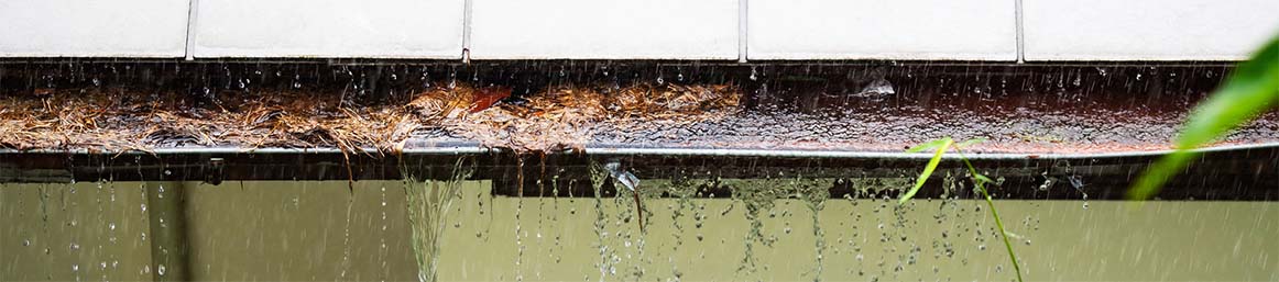 Overflowing blocked gutter caused by leaves and debris